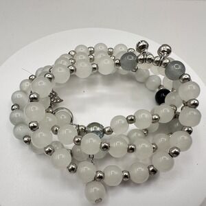 Vintage 90s White Glass Beaded Wrap Bracelet Silver Tone Adjustable Boho